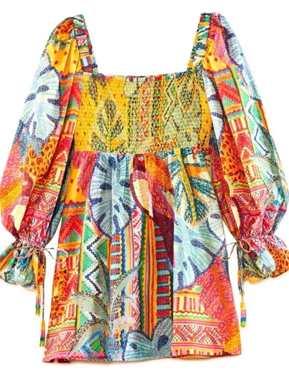 Farm Rio. Women’s Multicolor Boho Smocked Peasant dress - Picture 1 of 16